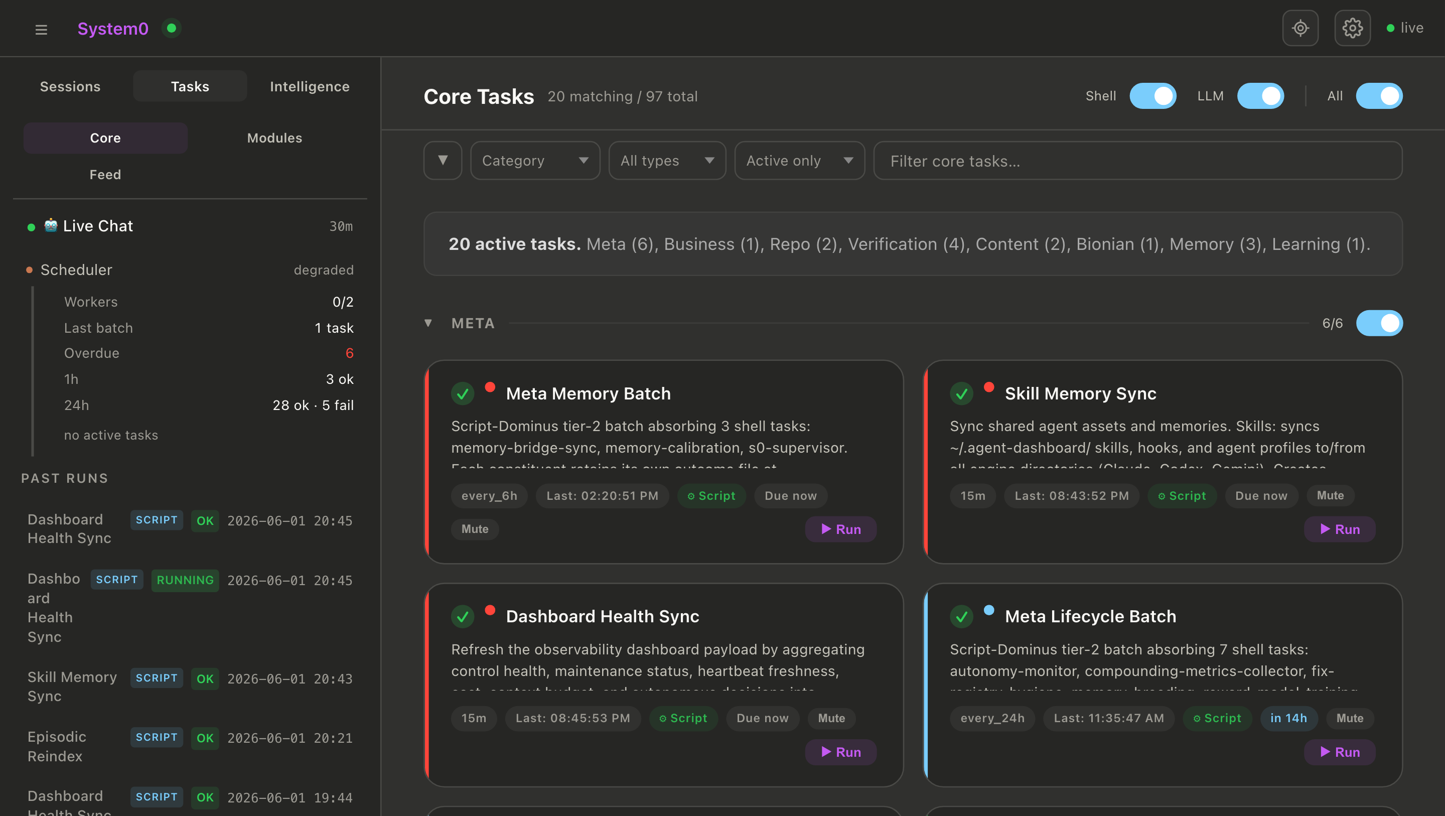 System0 Core Tasks: scheduled autonomous jobs with run history and status